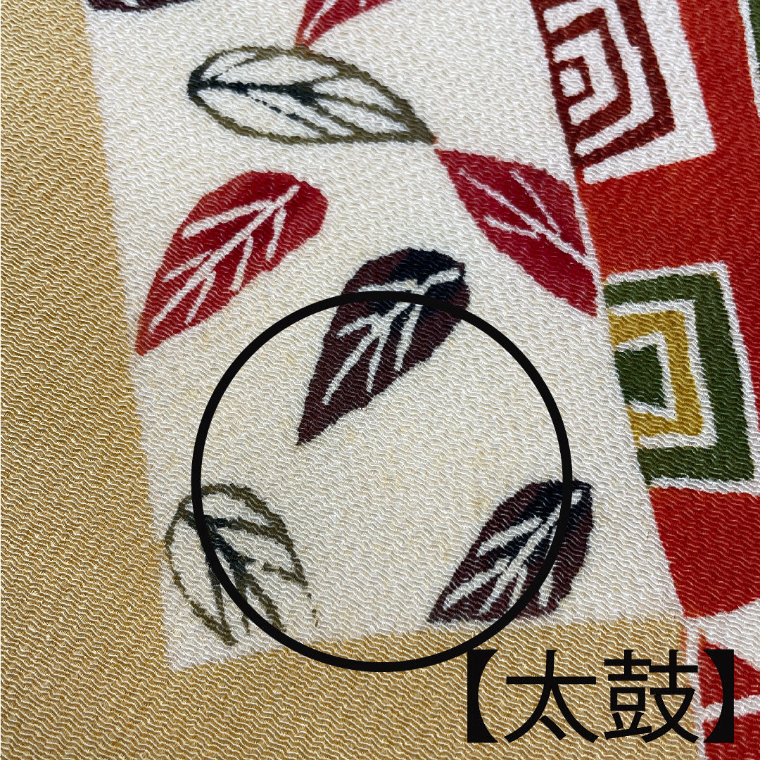 名古屋帯 京紅型 染め帯 縮緬 吉祥文様 帯丈360.5cm 正絹 Aランク ポイント柄 カジュアル 黄系 1124001983323  名古屋仕立て