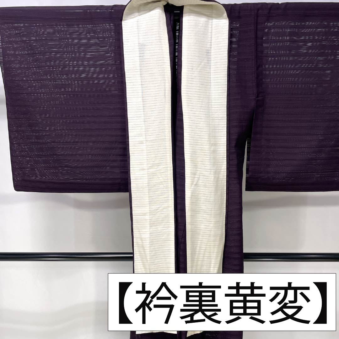 単衣　色無地　フルセット　夏着物　正絹　絽　紗　紫　秋虫　G7 リサイクル着物】夏物 正絹 色無地 身丈159cm 裄丈64.5cm 二人静