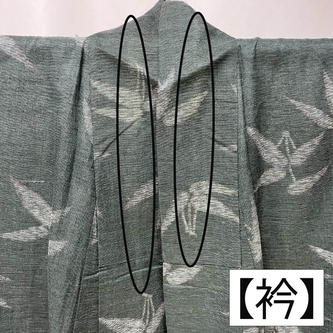 Summer cotton-linen tsumugi kimono, length 163cm, sleeve length 67.5cm, iron-colored bamboo leaf pattern, green, A-rank, product number 1132002823419