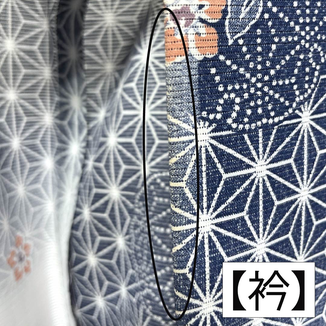 夏物 ポリエステル 小紋 身丈149cm 裄丈62cm 鉄蒲萄色（てつぶどういろ） 麻の葉 古典柄 洗える着物 絽 Aランク 紺系 1132002633118