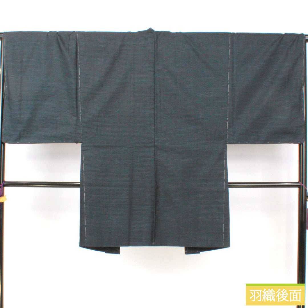 Men's silk S-rank kimono, length 144cm, sleeve length 67cm, Oshima Tsumugi with double-patterned horizontal kasuri pattern, basting threads included, lined, navy blue, product number 1119001762418