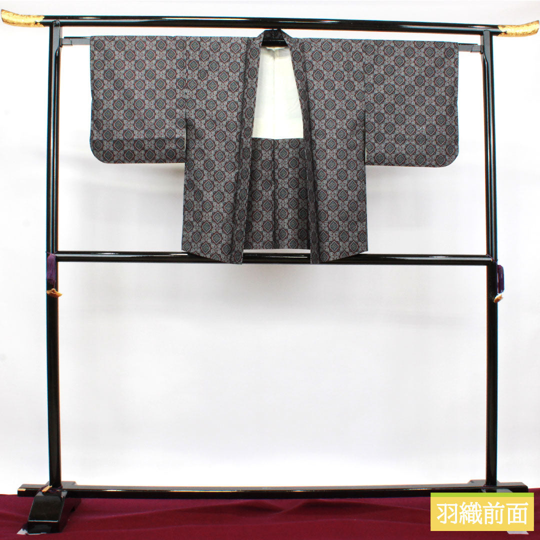 村山大島紬 正絹 身丈153.5cm 裄丈62cm  アンサンブル 幾何学模様 Aランク 袷 黒系 1116002973210