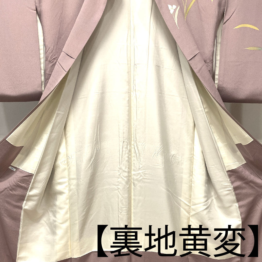 訪問着 袷 身丈180.5cm 裄丈70cm 葡萄色 京友禅 抽象花 正絹 Aランク 紫系 1112002643820