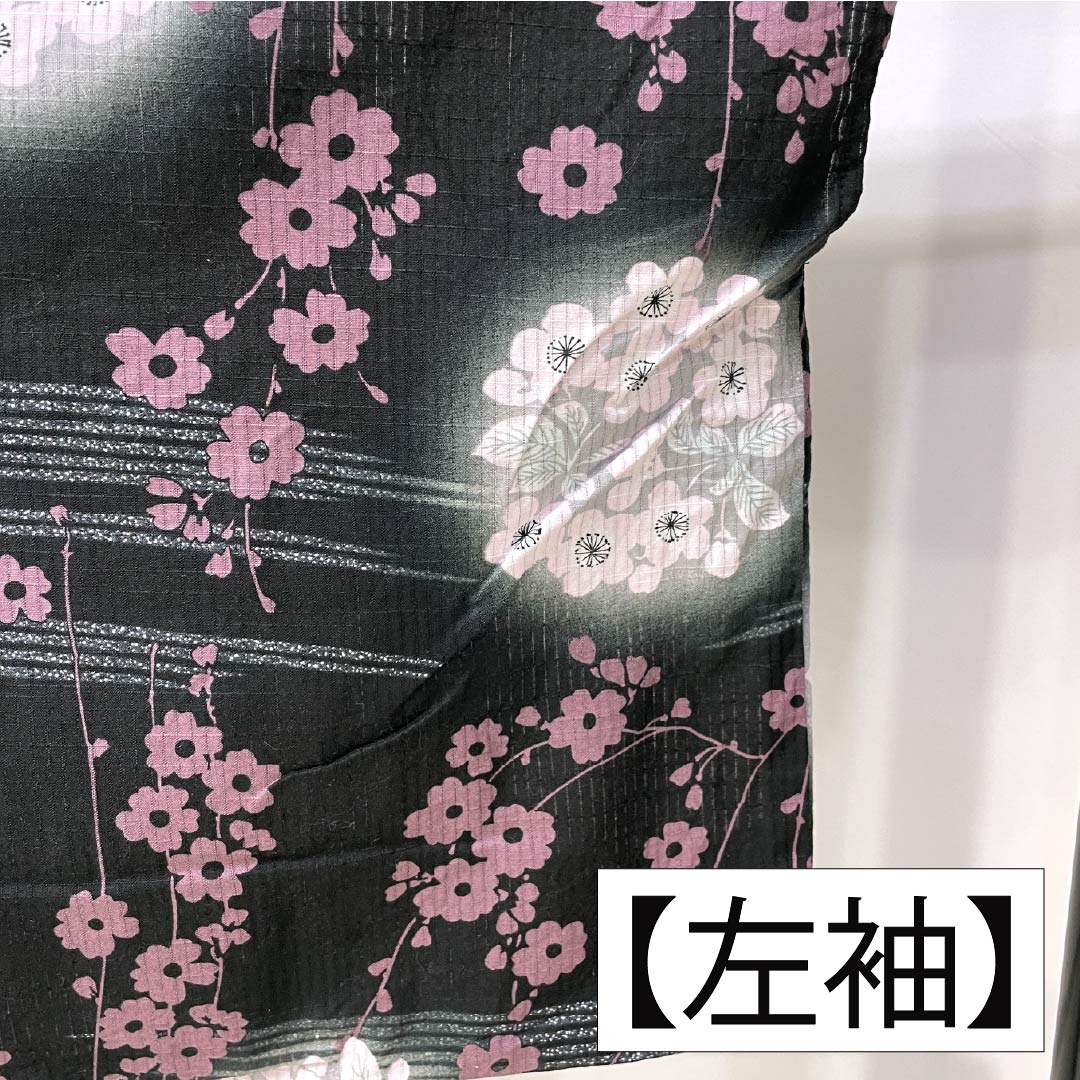 Cotton Yukata, Length 159cm, Sleeve Length 66cm, S Rank, Single Layer, Black with Floral Pattern, Vertical Silk, 1118006462310