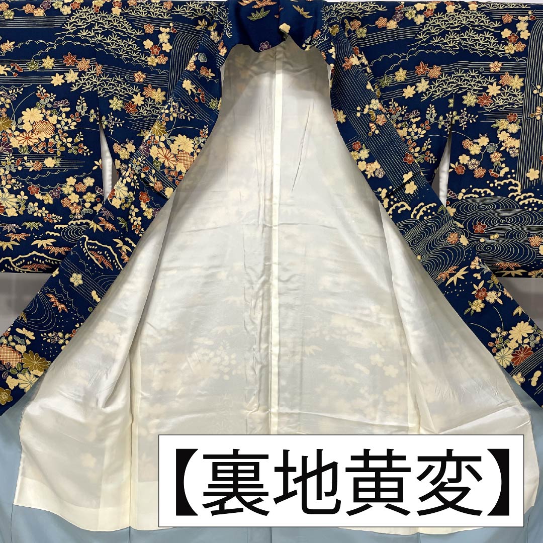 訪問着 正絹 Aランク 袷 身丈160cm 裄丈64.5cm 紺色（こんいろ） 型染 流水 小花 紺系 1112006913418