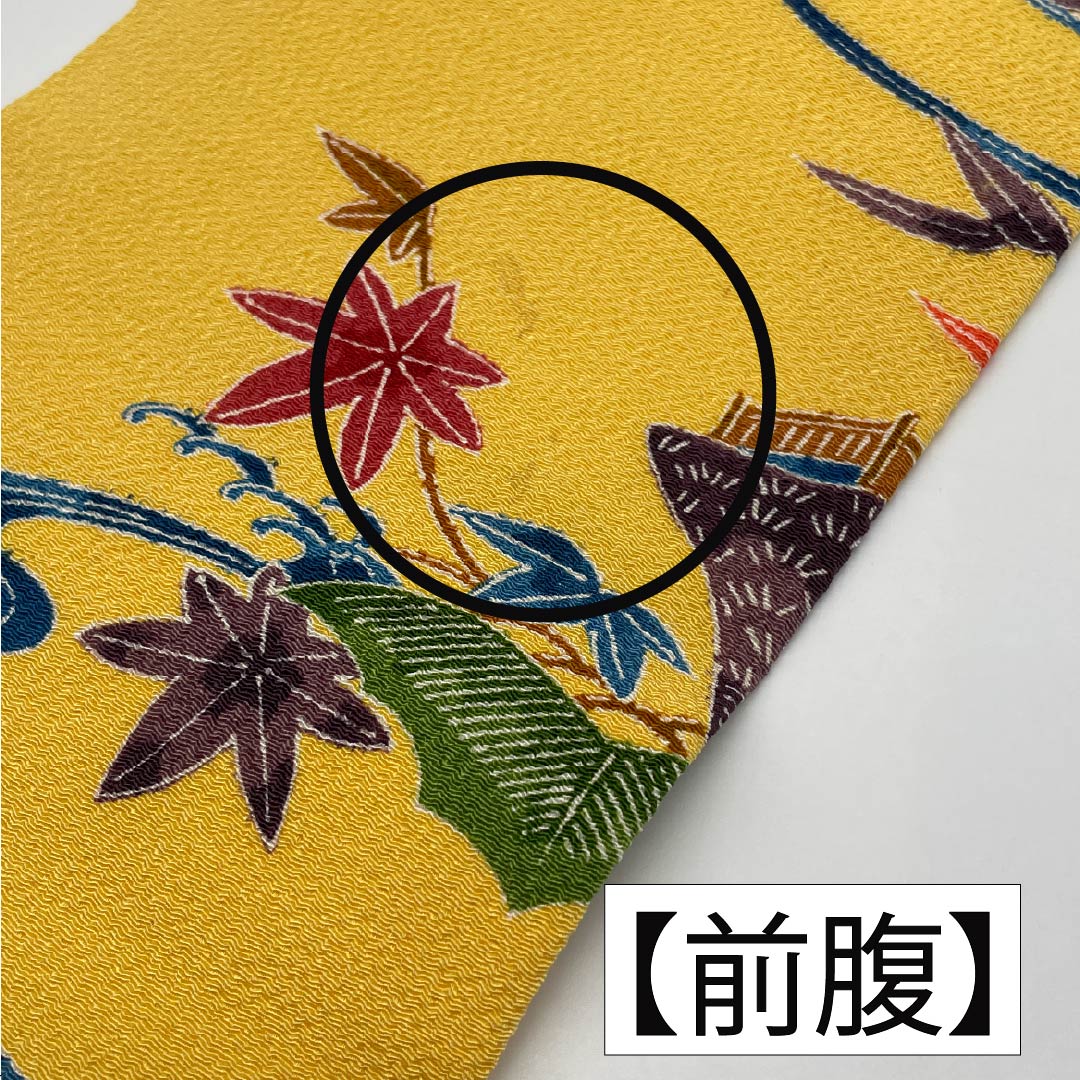 名古屋帯 正絹 Aランク 卵色（たまごいろ） ちりめん地 京紅型 三越ちりめん 帯丈347cm 全通 カジュアル 黄系 1124009193323 名古屋仕立て