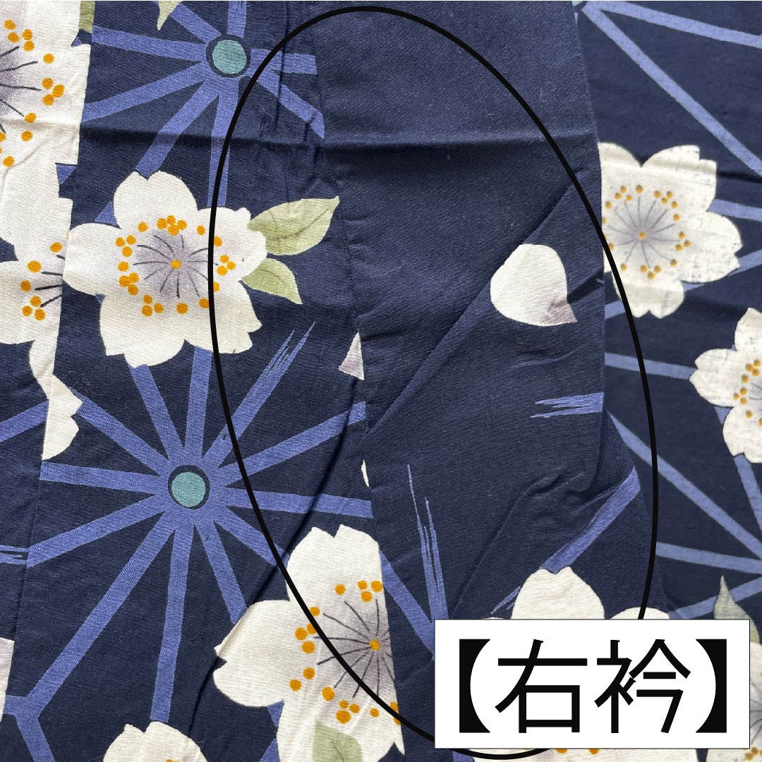 Cotton Yukata, Length 160cm, Sleeve Length 65cm, S Rank, Single Layer, Navy Blue, Cherry Blossom Design, 1118006162418