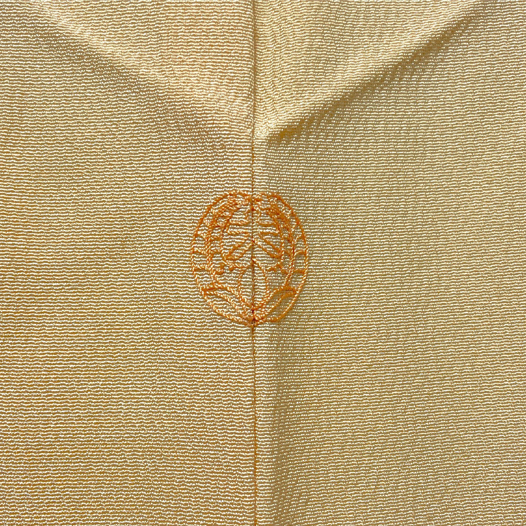 訪問着 正絹 袷 身丈161.5cm 裄丈66.5cm 肌色（はだいろ） 相良刺繡 扇子 鶴 一つ紋 上り藤に大の字 Aランク 橙系 1112005563426