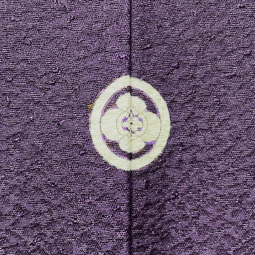 Solid-colored silk kimono, S rank, length 157.5cm, sleeve length 62cm, nasukon-iro (nasu-kon-iro) color, single crest, circle with quince, Genjiko, lined, purple, 1114002532320