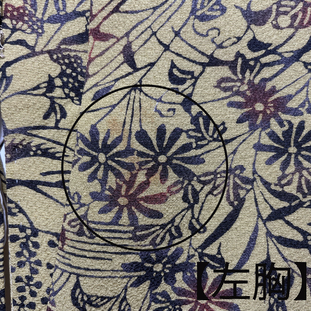 訪問着 正絹 袷 身丈161cm 裄丈64cm 白橡色 型染 草花模様 Bランク 黄系 1112002934423