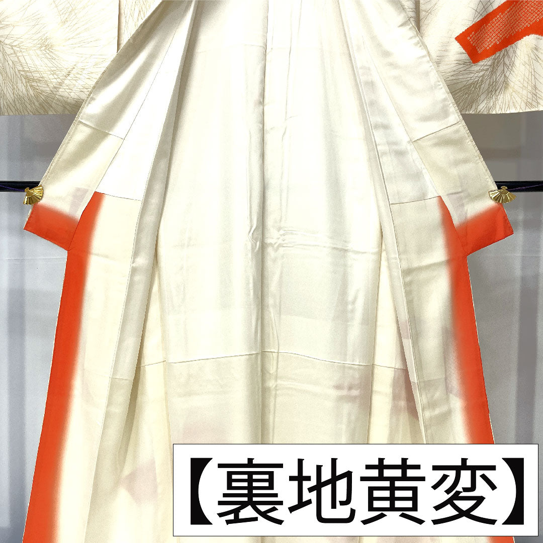 Homongi, pure silk, lined, length 164cm, sleeve length 65cm, white lily color, Kyoto Yuzen, pine, S rank, cream color, 1112004952415