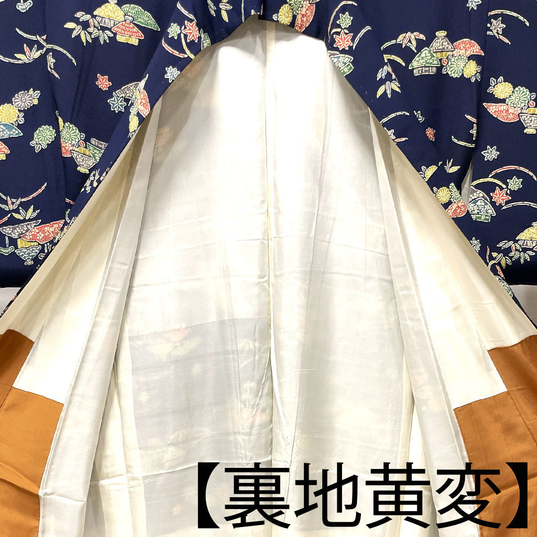 小紋 身丈155cm 裄丈63cm 袷  濃紺色 型染  正絹 Aランク 紺系 1115002983318