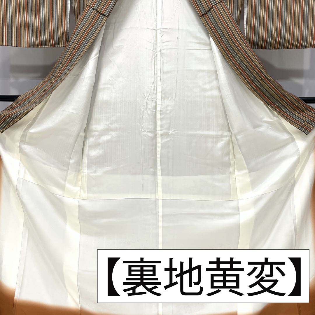 訪問着 正絹 Sランク 袷 身丈165.5cm 裄丈66.5cm 遠州茶色（えんしゅうちゃいろ） 京紅型 縞 茶屋辻 橙系 1112006892526