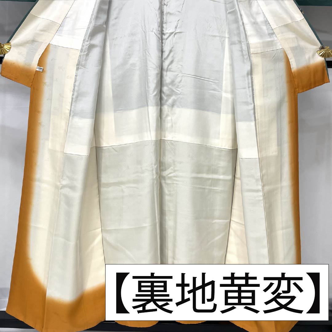 小紋 正絹 身丈152.5cm 裄丈64.5cm 袷 山藍摺色（やまあいずりいろ） 型染 熨斗 花柄 スコッチガード Bランク 緑系 1115005484219