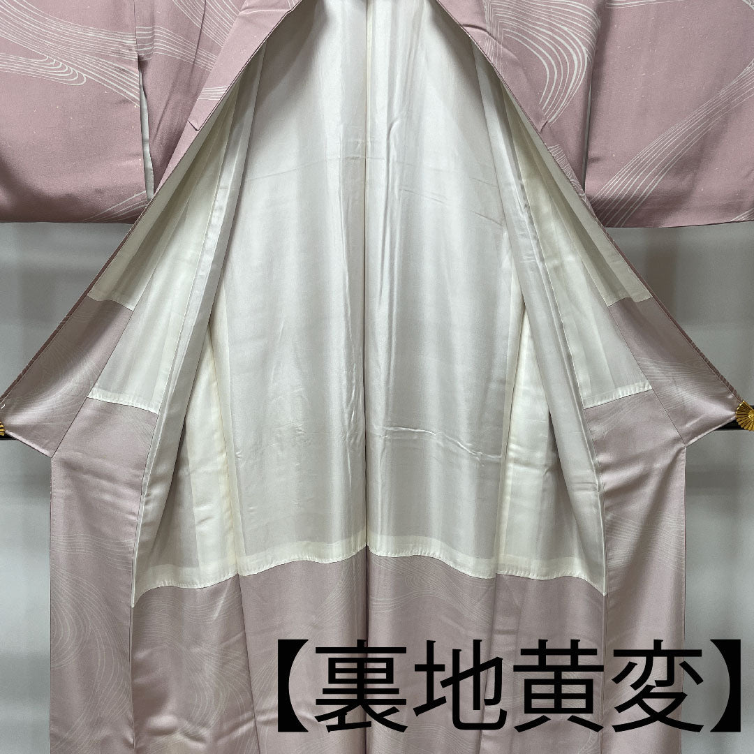 訪問着 袷 身丈157.5cm 裄丈62.5cm 退紅色 流水 草花模様 正絹 Aランク ピンク系 1112002183313