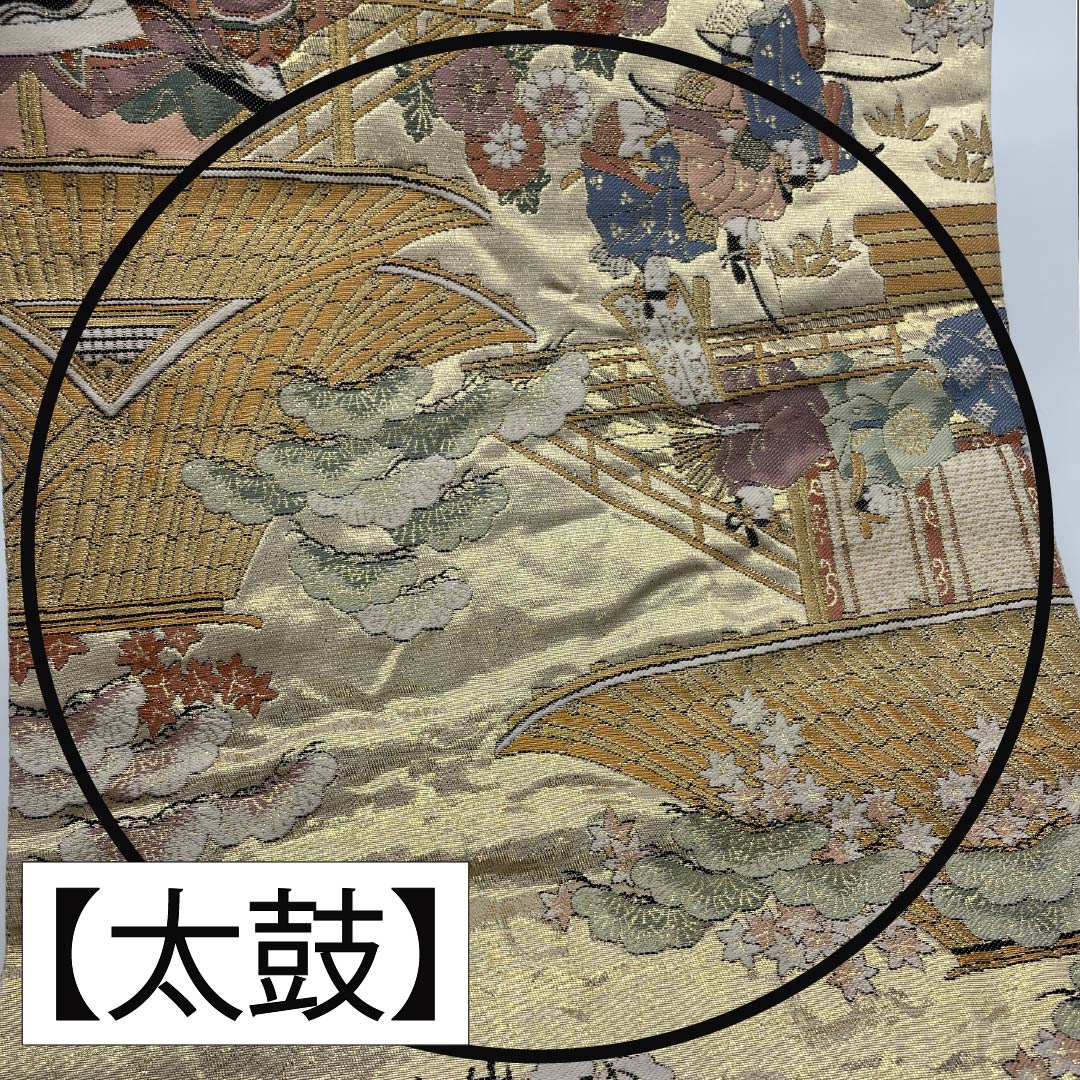 袋帯　全通　正絹　本金箔　時代祭 源氏物語の世界 全通柄袋帯正絹 京洛時代祭還幸絵巻 純金箔保証