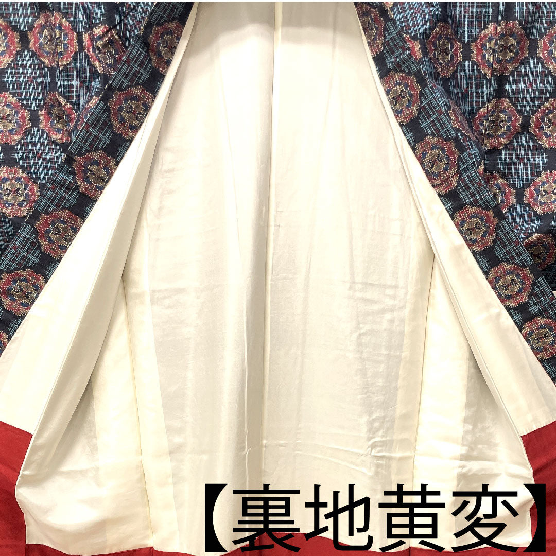 紬 身丈157cm 裄丈62cm 幾何学模様 正絹 Aランク 袷 紺系 1116002403318