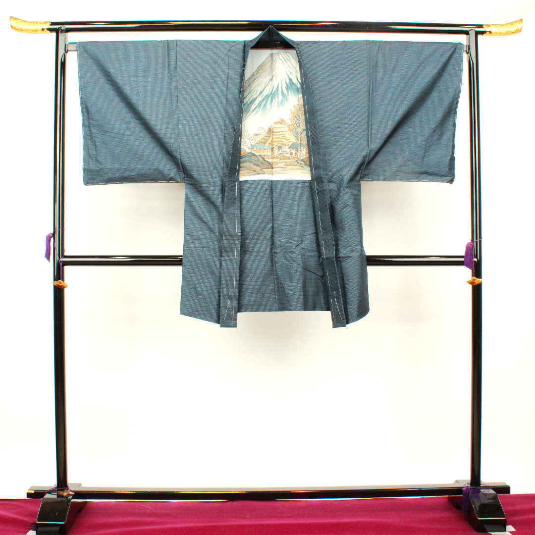 男物 身丈142.5cm 裄丈66.5cm 大島紬 アンサンブル 経緯絣 正絹 Sランク 袷 紺系 1119000482418