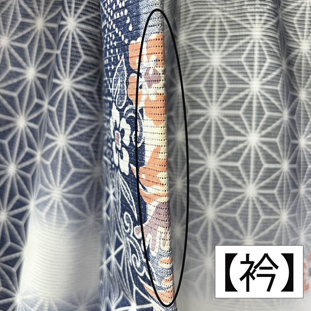 夏物 ポリエステル 小紋 身丈149cm 裄丈62cm 鉄蒲萄色（てつぶどういろ） 麻の葉 古典柄 洗える着物 絽 Aランク 紺系 1132002633118