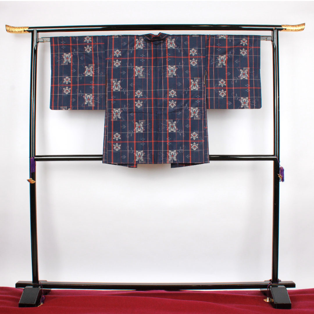 村山大島 身丈160cm 裄丈64.5cm アンサンブル 格子 花模様 正絹 Sランク 袷 紺系 1116001932418