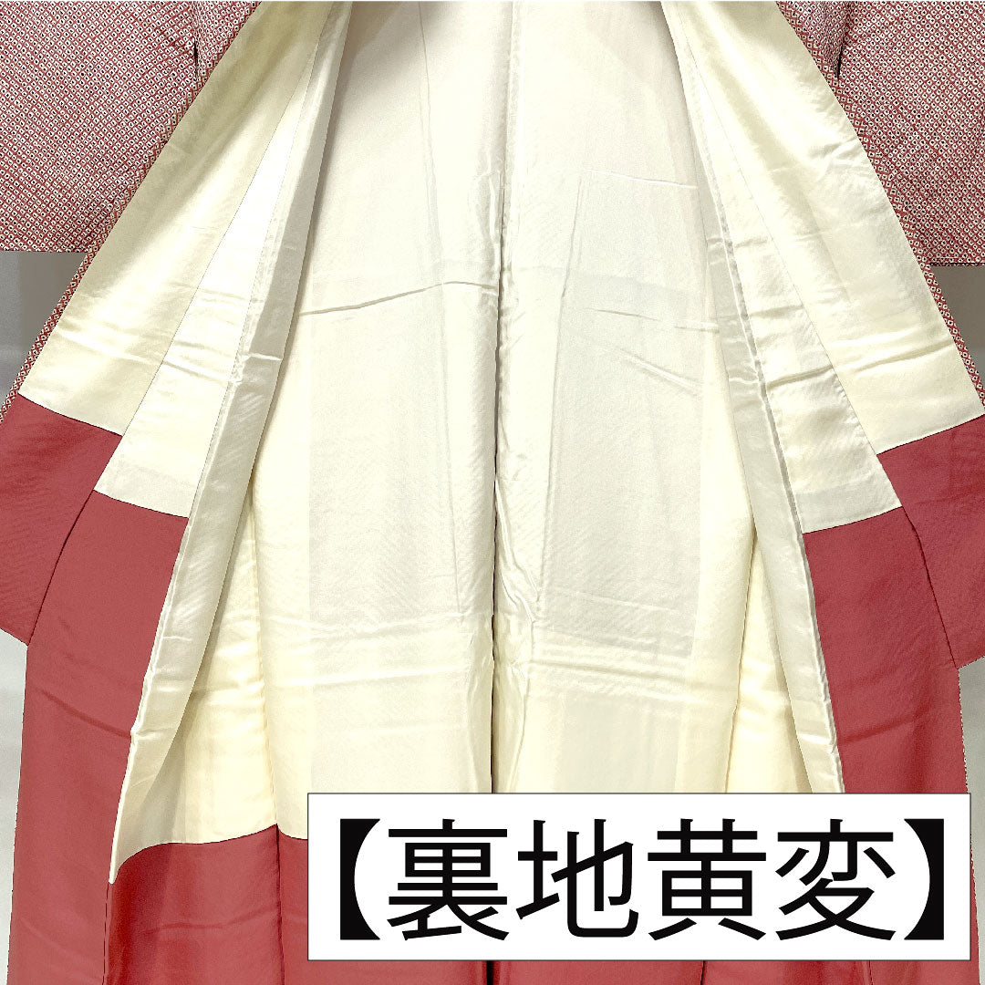 小紋 正絹 身丈155cm 裄丈63cm 袷 積紅色（せきこういろ） 総絞り 疋田絞り Aランク 紫系 1115004643320