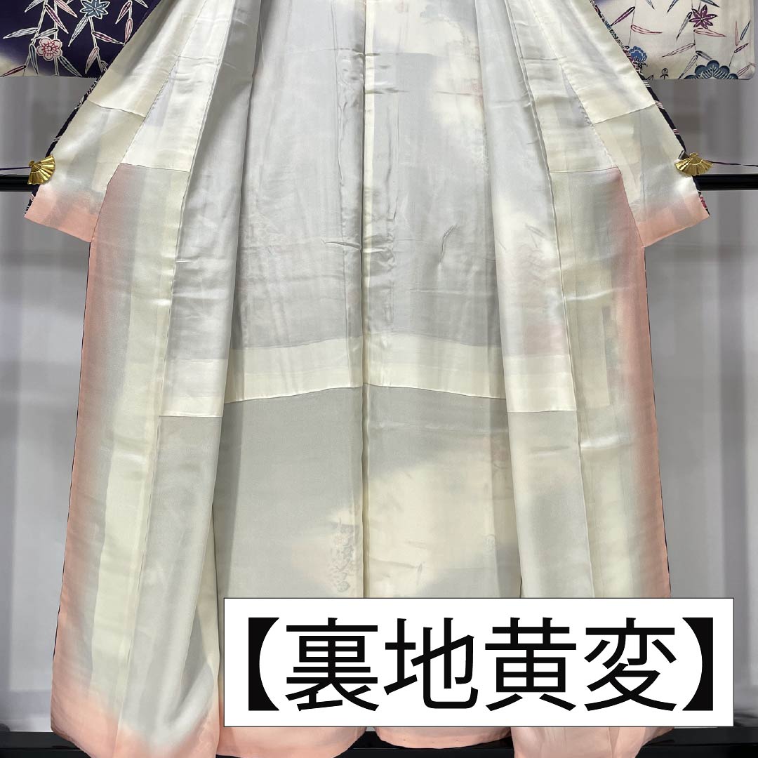 訪問着 正絹 Aランク 袷 身丈155.5cm 裄丈62cm 深紫色（ふかきむらさきいろ） 京紅型 松竹梅 蝶 扇面 菊 紫系 1112006403320