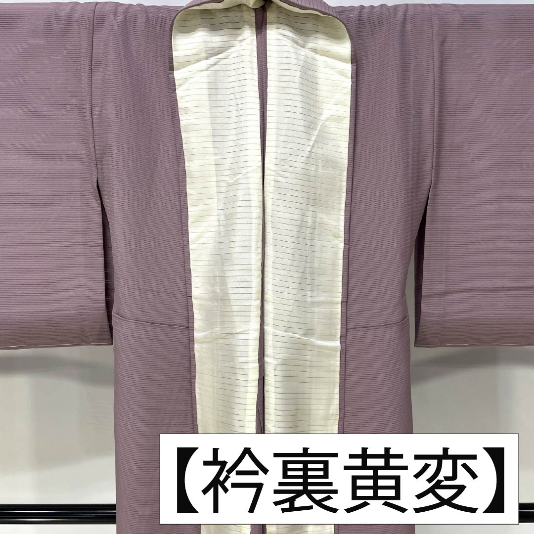 夏物 正絹 色無地 Aランク 身丈158cm 裄丈64.5cm 葡萄色（えびいろ） 素無地 一つ紋 八曜 絽 紫系 1132004873320