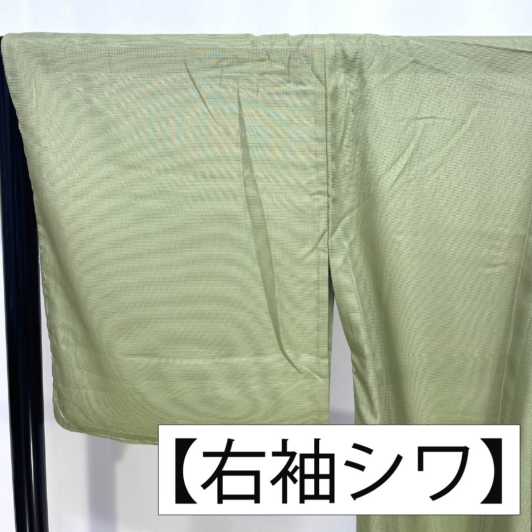 夏物 ポリエステル 色無地 Sランク 身丈165cm 裄丈67cm 薄緑色（うすみどりいろ） 洗える着物 素無地 絽 緑系 1132004122519