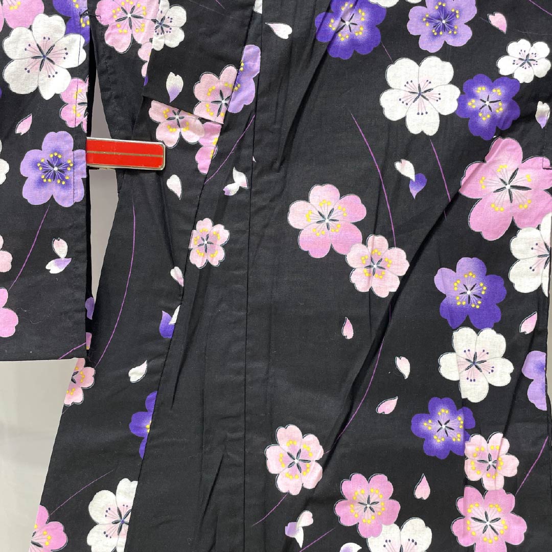 Cotton Yukata, Length 166.5cm, Sleeve Length 62.5cm, S Rank, Single Layer, Black, Cherry Blossom Design, 1118005932510