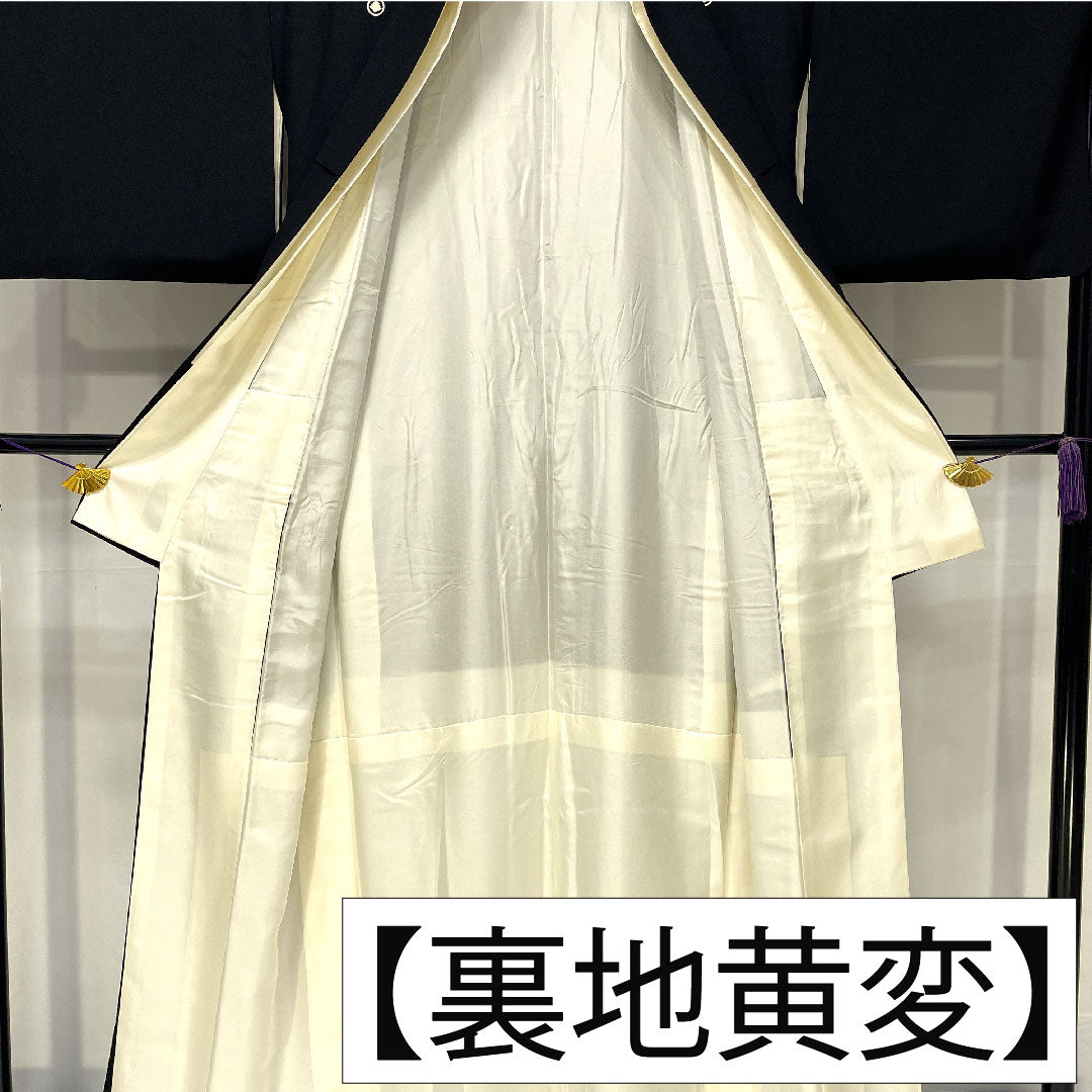 Black formal kimono, pure silk, length 160cm, sleeve length 65cm, lined, Kyoto Yuzen, noshi, crane, five crests, circle with three-tiered diamond pattern, Sanmatsu Silk Care, S rank, black, 1111001532410