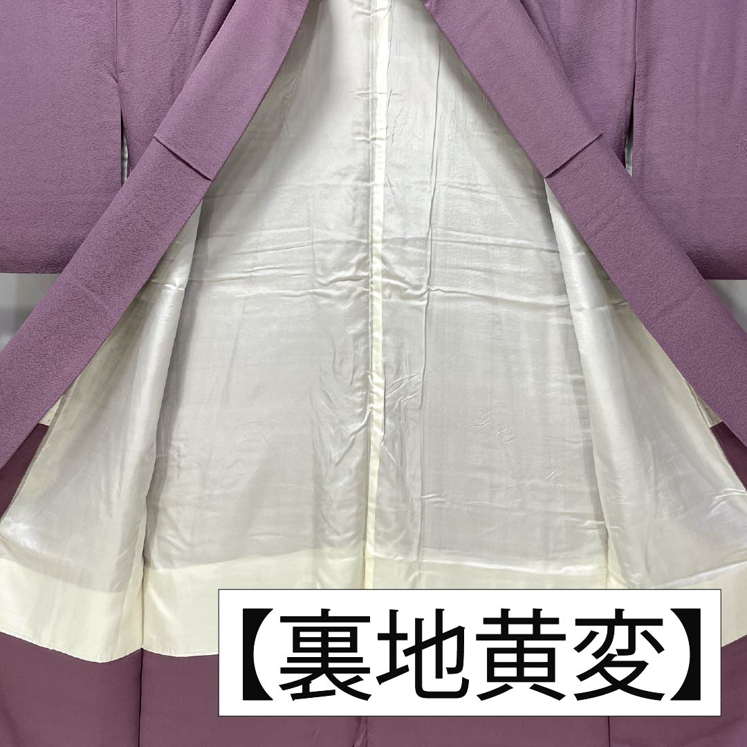 訪問着 正絹 Aランク 袷 身丈155.5cm 裄丈60cm 京藤色（きょうふじいろ） 無地付下げ 汕頭刺繡 雪輪 揚羽蝶 縫い紋 紫系 1112007033320