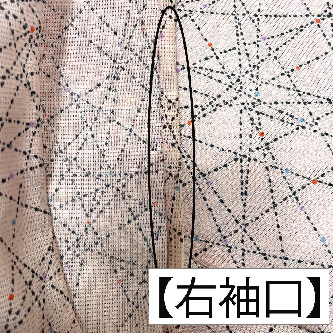 夏物 ポリエステル 小紋 身丈159.5cm 裄丈64cm 曙色（あけぼのいろ） 点 線 洗える着物 絽 Bランク ピンク系 1132002464313