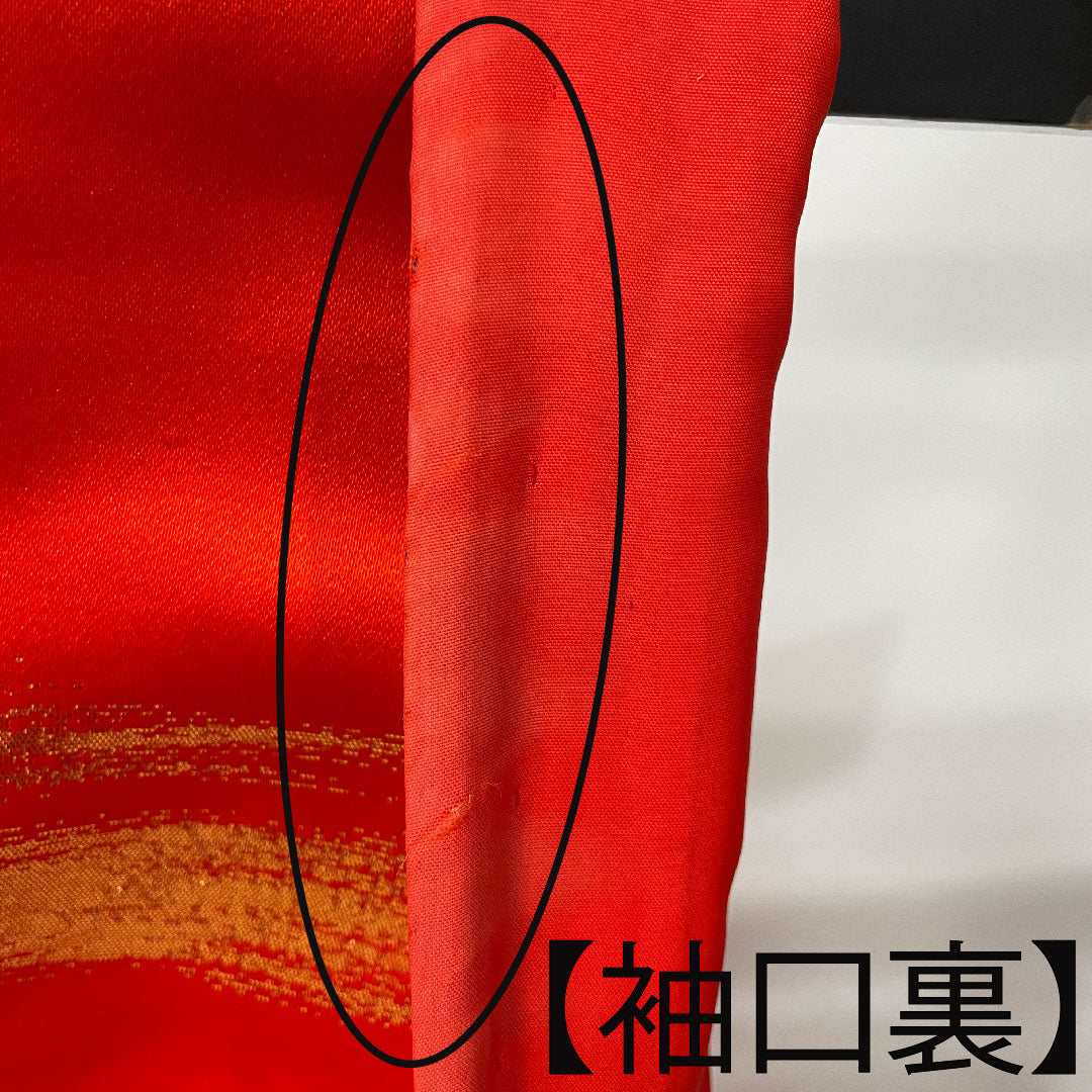 色打掛 身丈185cm  緋色 刺繡 花車 鶴 正絹 Bランク 袷 朱系 1110000264916