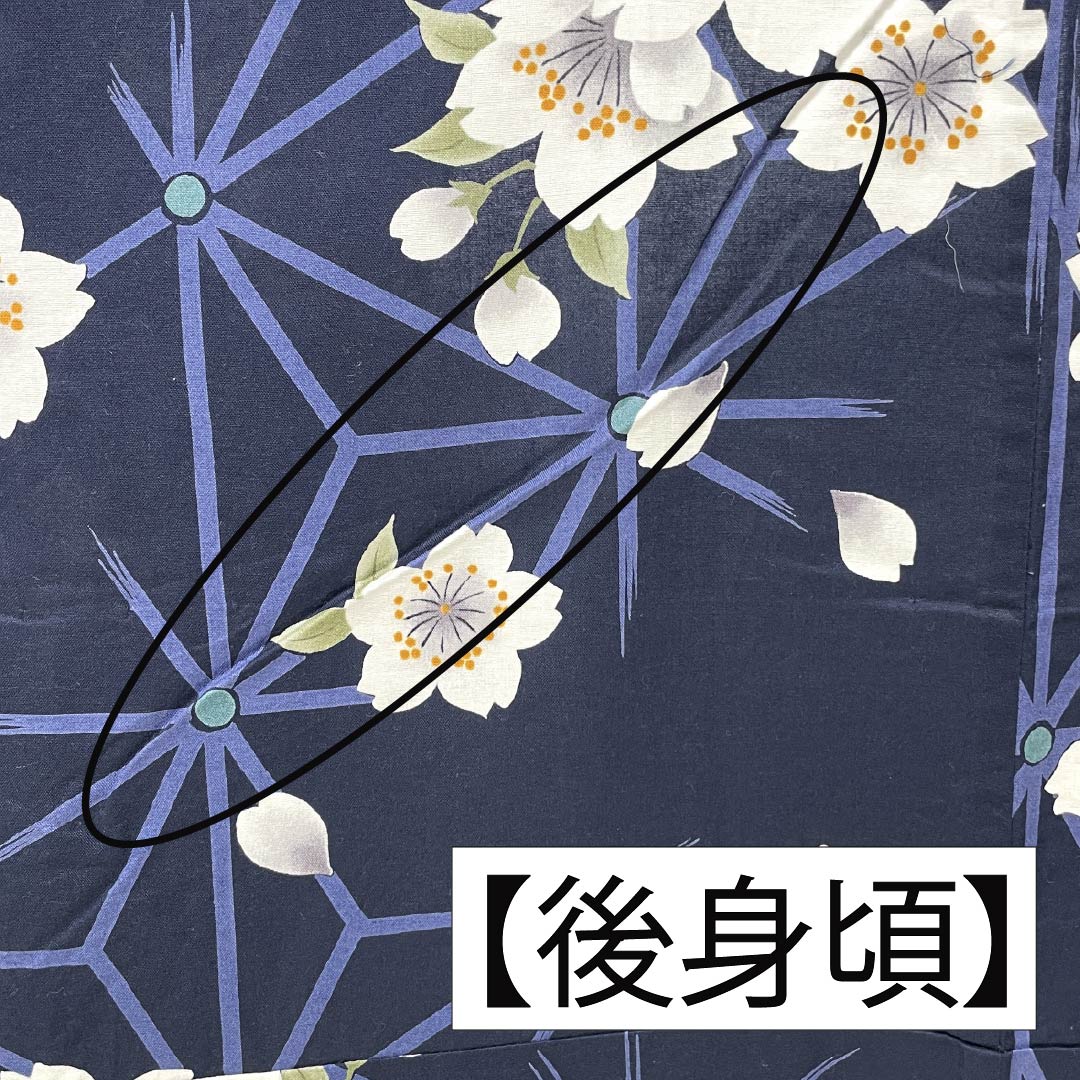 Cotton Yukata, Length 160cm, Sleeve Length 65cm, S Rank, Single Layer, Navy Blue, Cherry Blossom Design, 1118006162418