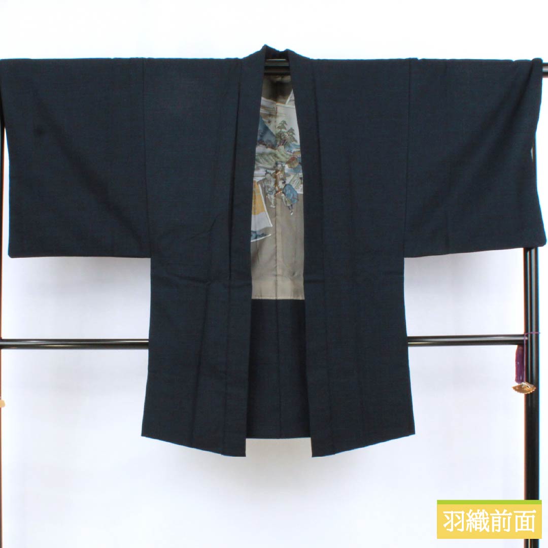 男物 ウール Aランク 身丈149.5cm 裄丈65.5cm  アンサンブル 単衣 紺系 1119000923418