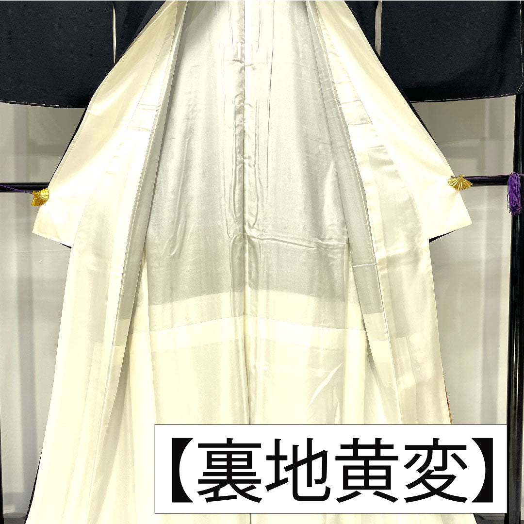 Black formal kimono, pure silk, length 167cm, sleeve length 67cm, lined, Kyoto yuzen, floral pattern, five crests, plum blossom, S rank, black, 1111001642510