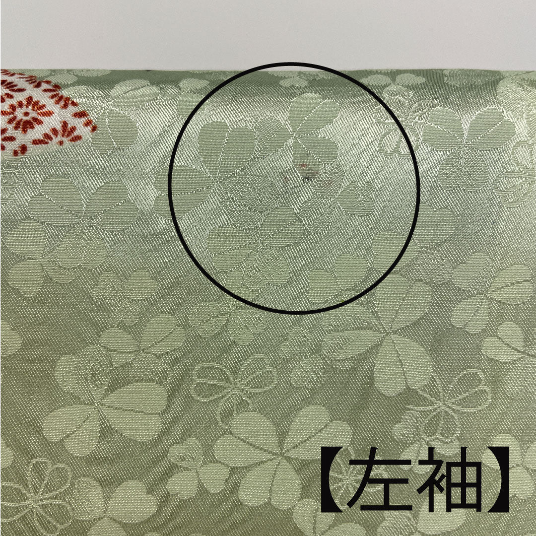 小紋 身丈161cm 裄丈66cm 袷  蝶に亀甲模様 洗える着物  ポリ Bランク 緑系 1115001014319