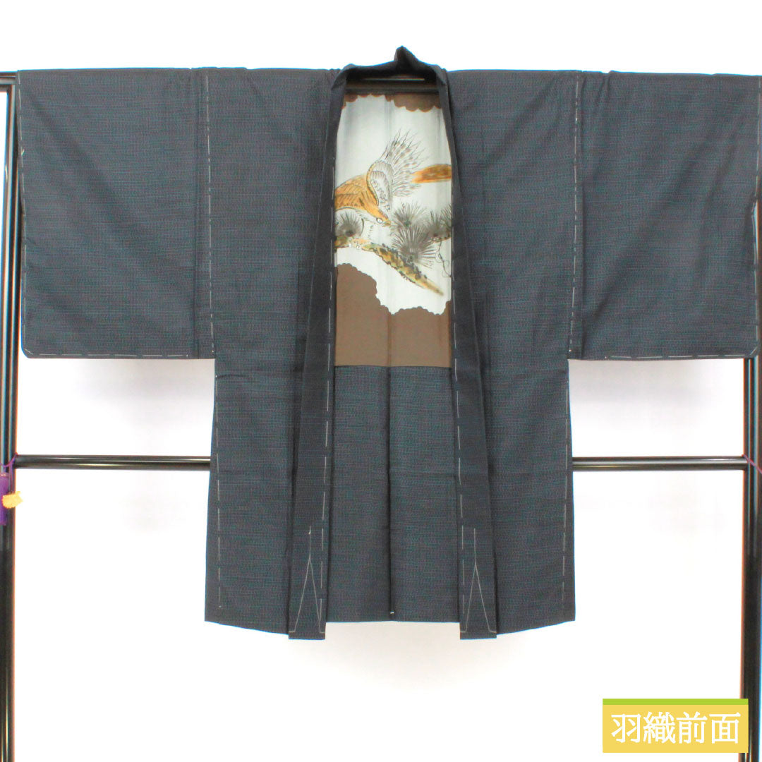 Men's silk S-rank kimono, length 144cm, sleeve length 67cm, Oshima Tsumugi with double-patterned horizontal kasuri pattern, basting threads included, lined, navy blue, product number 1119001762418