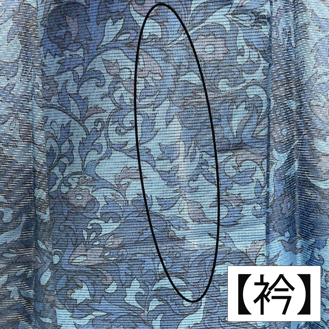 夏物 ポリエステル 小紋 Aランク 身丈167cm 裄丈66cm 甕覗色（かめのぞきいろ） 洗える着物 更紗模様 絽 青系 1132006103517