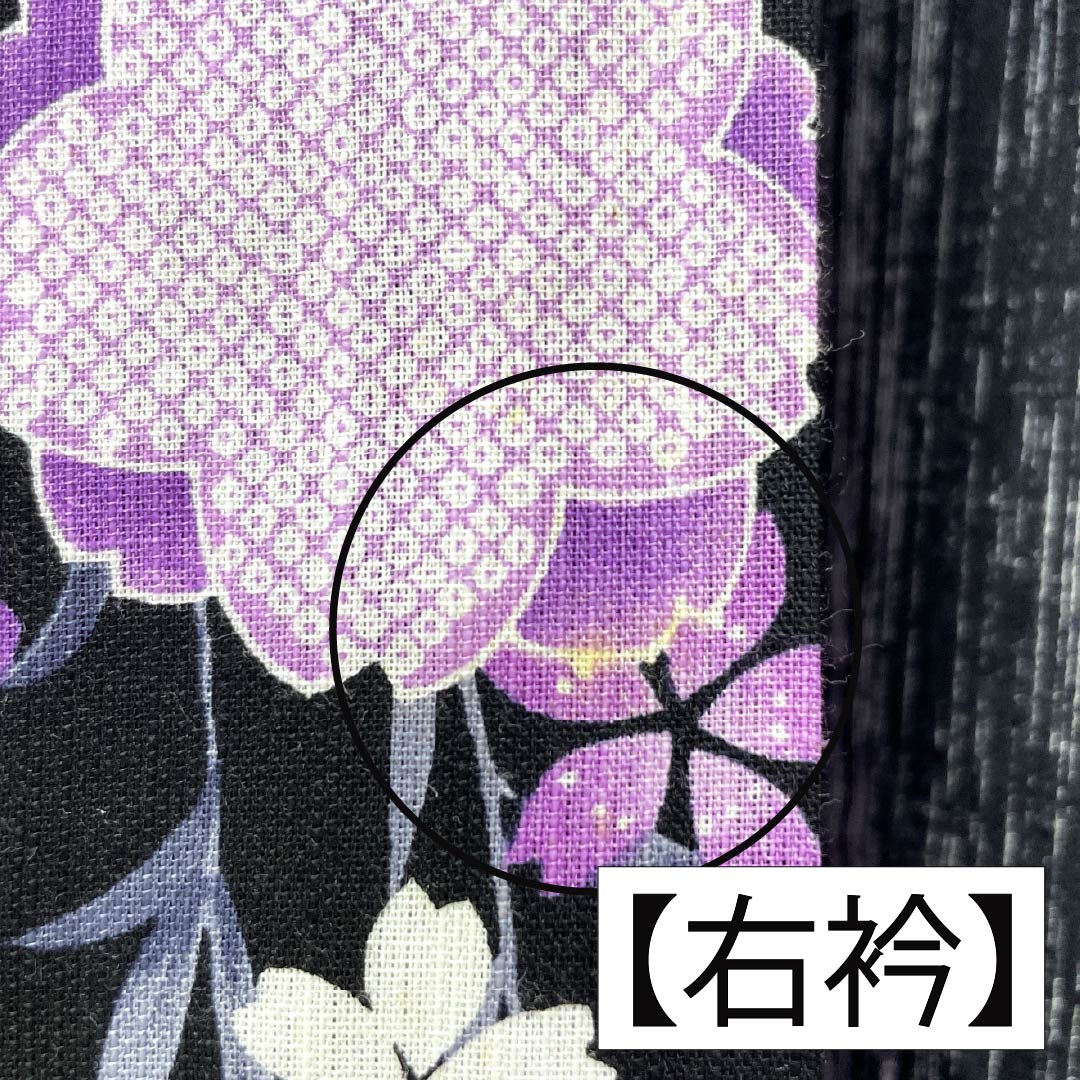 浴衣 綿麻 身丈165cm 裄丈69cm Aランク 単衣 黒系 しだれ桜 綿麻 1118006043510