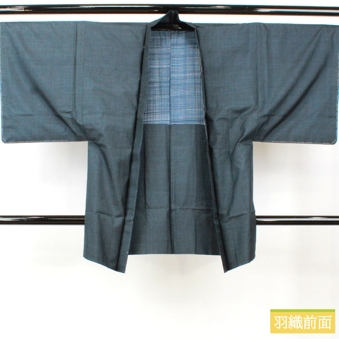 男物 正絹 身丈143cm 裄丈68cm 大島紬 120亀甲 亀甲模様 アンサンブル Sランク 袷 紺系 1119000872418