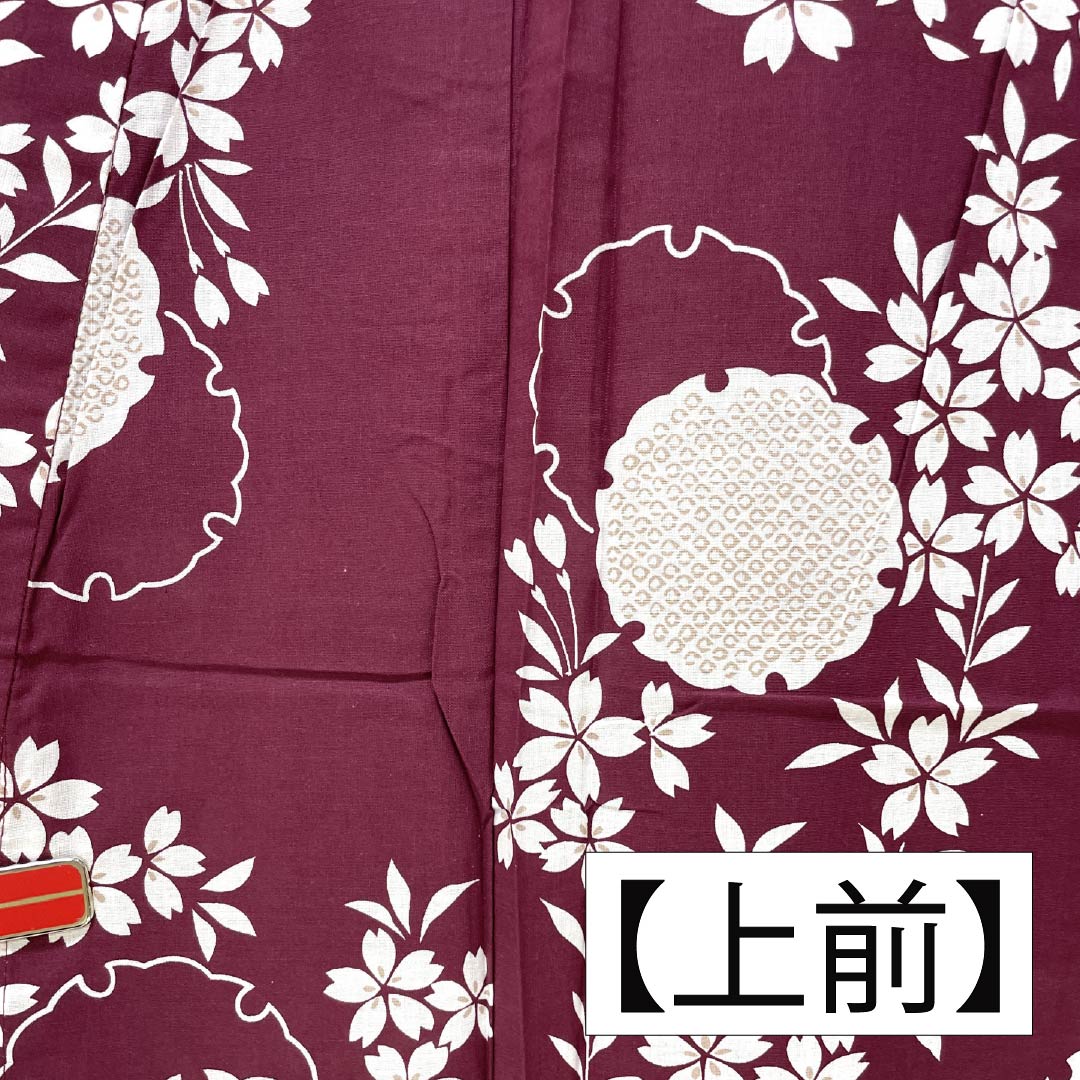 Cotton Yukata, Length 166cm, Sleeve Length 65cm, S Rank, Single Layer, Purple-Reddish Purple (Akamurasaki Iro), Snow Circle and Cherry Blossom Design, Product Number: 1118006302520