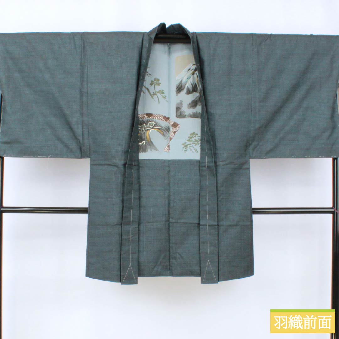 男物 正絹 Sランク 身丈141cm 裄丈67.5cm 裏色（うらいろ） 大島紬 100亀甲 アンサンブル 袷 青系 1119001392417