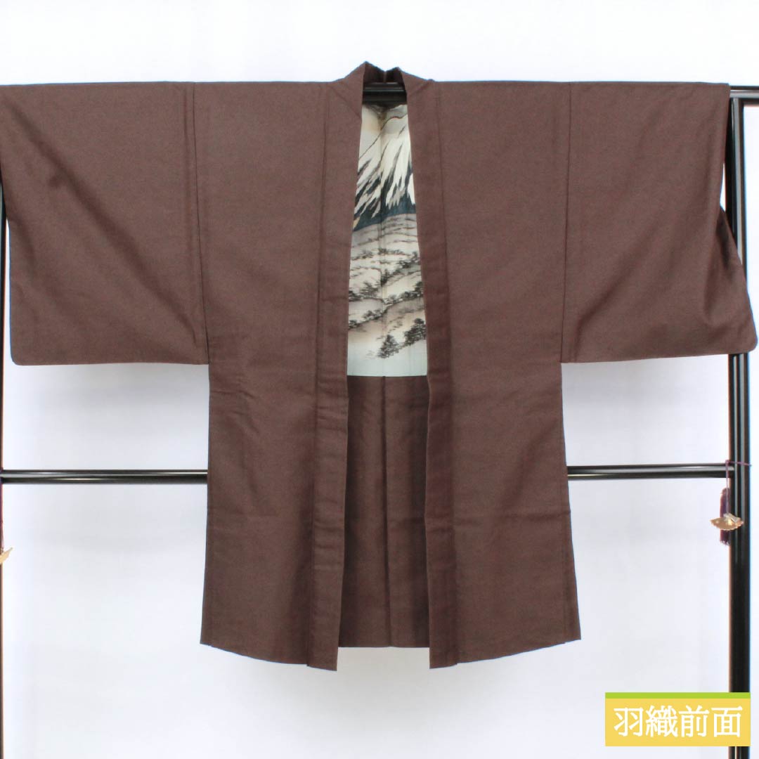 男物 正絹 Sランク 身丈143cm 裄丈66cm  焦色（こがれいろ） 紬地 アンサンブル 袷 茶系 1119001022414