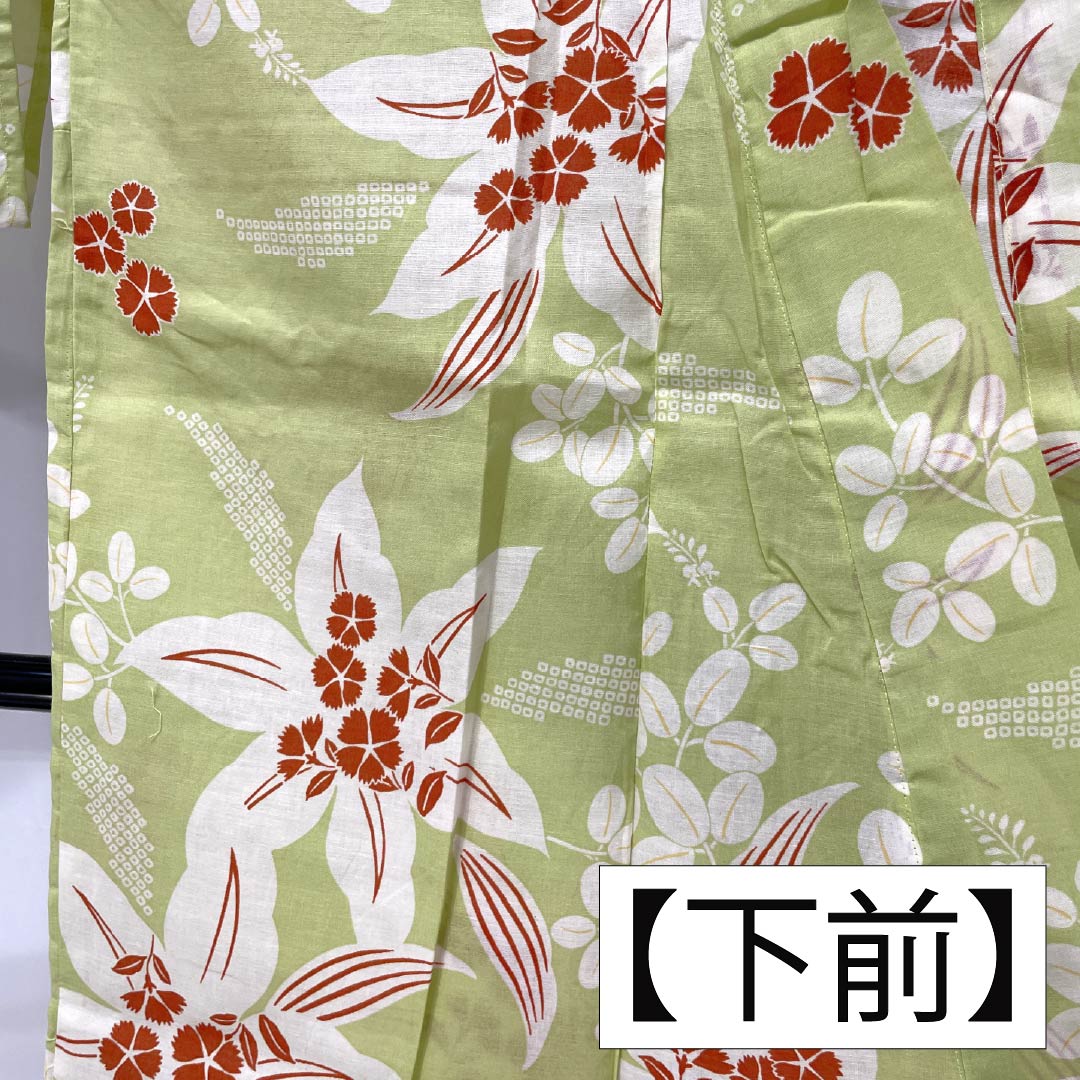 浴衣 木綿 身丈161.5cm 裄丈66cm Sランク 単衣 緑系 若芽色（わかめいろ） 百合 秋桜 1118006382419