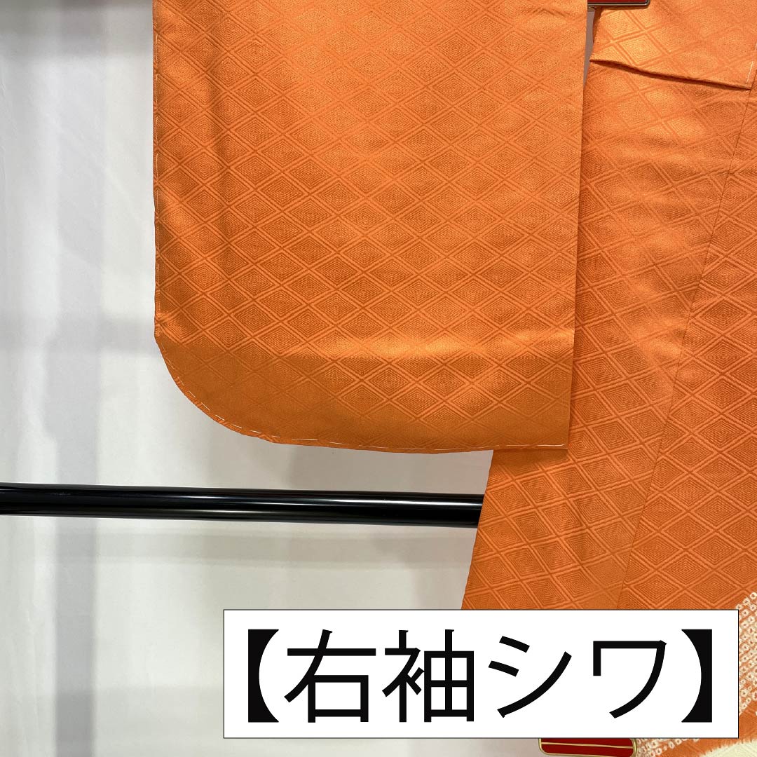 訪問着 正絹 Aランク 袷 身丈158cm 裄丈62cm 赤橙色（あかだいだいいろ） 京友禅 絞り 吉祥文様 入子菱 花 橙系 1112007513326