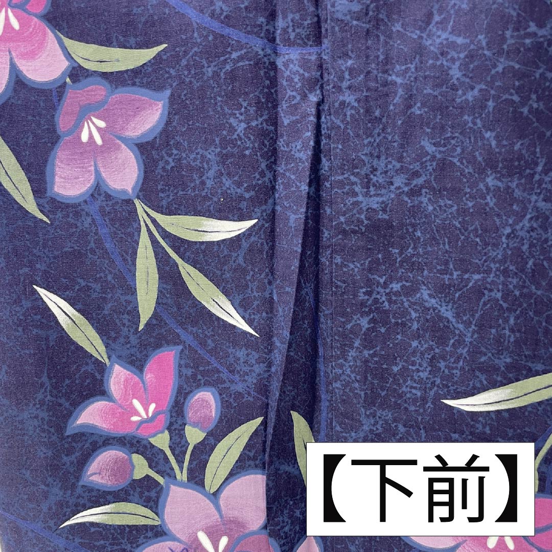 Cotton Yukata, Length 163cm, Sleeve Length 66cm, S Rank, Single Layer, Navy Blue, Gentian Pattern, 1118006432418