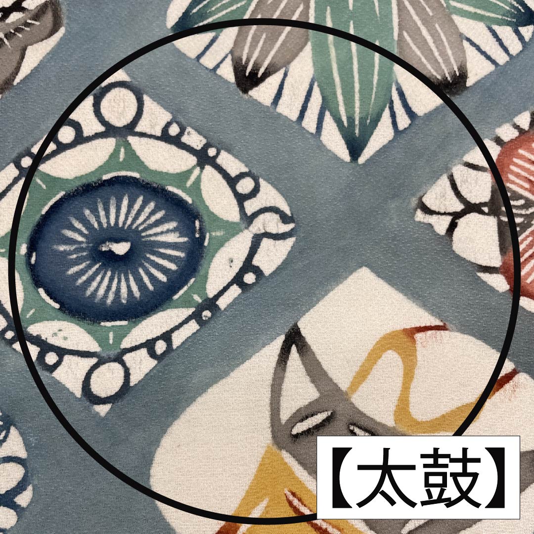 名古屋帯 正絹 Bランク 沈香茶色（とのちゃいろ） 型染 紅型調 蝶 帯丈358cm 六通 カジュアル 青系 1124010554317 名古屋仕立て