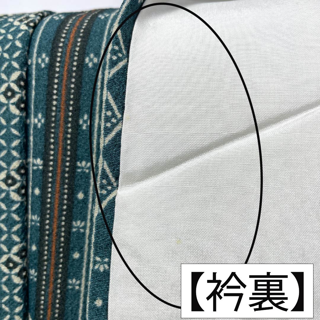 小紋 ポリエステル Sランク 身丈158cm 裄丈65.5cm 袷 胆礬色（たんばいろ） 型染 抽象模様 背抜き仕立て 洗える着物 緑系 1115007932319