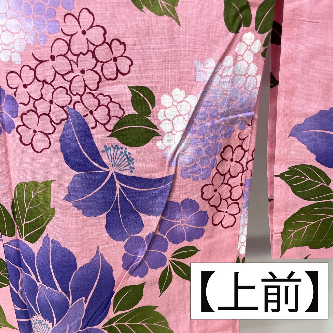 浴衣 木綿 身丈163cm 裄丈65cm Sランク 単衣 ピンク系 中紅花色（なかのくれないいろ） 花 1118006572413